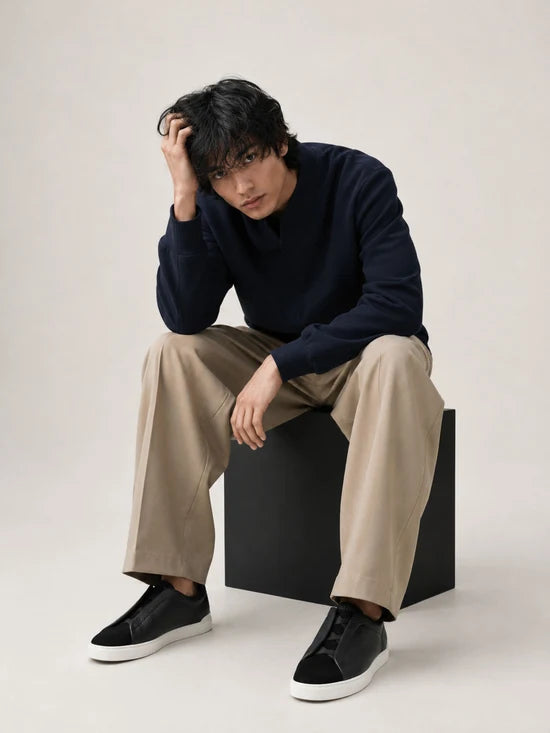 Baskets pour homme en cuir et daim à triple couture